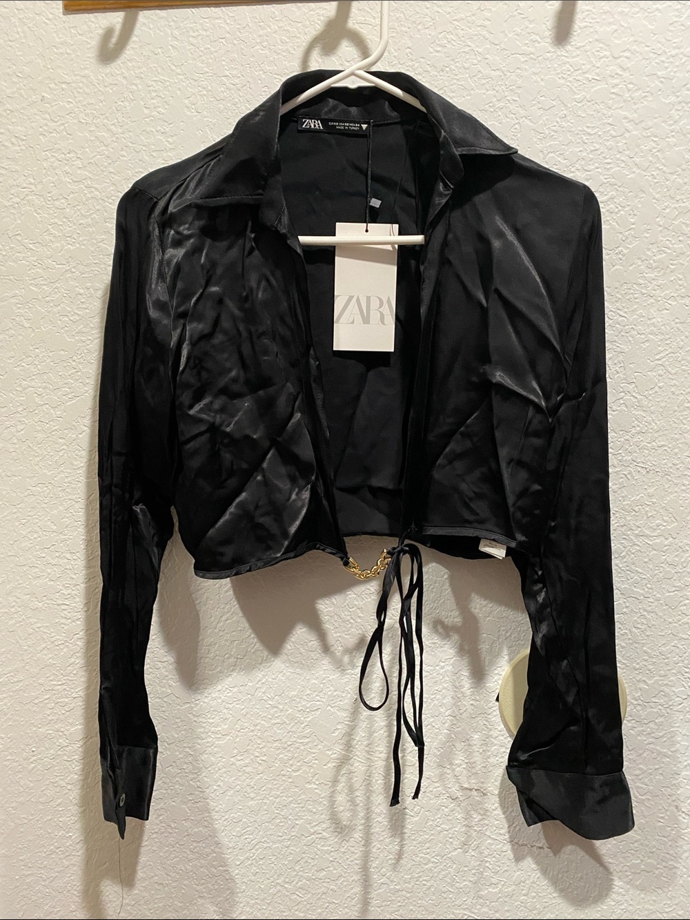 ZARA Black Satin Cropped Tie-Waist Blazer with Chain Detail